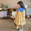 Vestido de niña de flores azules a cuadros amarillos de estilo coreano nuevo 2023, vestido largo con cuello de muñeca de color contrastante, falda de algodón para niña