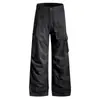 Calças de Trabalho Casuais de Cor Sólida com Múltiplos Bolsos para Homens, Novo Estilo de Primavera, Calças Jogger de Perna Reta Brilhantes e Macias, Calças Longas de Perna Larga para Mulheres, Tendência