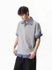 Camiseta de Manga Corta con Cuello Polo y Patchwork a Cuadros Estilo Universitario Coreano para Hombres y Mujeres, Diseño de Verano con Parte Superior Falsa de Dos Piezas con Cuello de Solapa