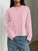2026 Nueva Camiseta de Manga Larga Rayada para Mujer de Amazon, Holgada, Cuello Redondo, Bloque de Color, Camiseta Básica, Top Casual de Primavera y Otoño