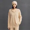Suéter de cachemira casual, holgado, de longitud media, talla grande para mujer, con un estilo relajado, diseño versátil y tejido de lana simple