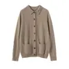 Nuevo Suéter de Cachemir Otoño e Invierno 2025 Cárdigan para Mujer Cuello Polo Bolsillos Dobles Camisa Abrigo Exterior Elegante Versátil