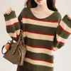 Suéter Tricotado Solto Estilo Preguiçoso com Gola Redonda e Listras Contrastantes, Novo Estilo Outono e Inverno Retrô Coreano, Suéter de Manga Longa Pulôver para Mulheres