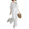 Traje Retro Estampado de Algodón y Lino para Mujer Verano Pulóver Manga Corta Ligero Pantalones de Pierna Ancha Top Adelgazante y Pantalones Traje de Dos Piezas