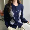 26 estilos de cárdigans de punto con patrón de rombos estilo francés para mujer, holgados y casuales, chaquetas tipo suéter de cuello redondo para otoño e invierno