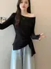 Algodão 100% de alta qualidade, 40 fios, 1x1Roupas femininas plus size 2026 novo estilo outono camiseta listrada de manga longa com cintura ajustável irregular
