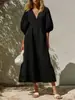 Nuevo Vestido de Lino Estilo Europeo y Americano Transfronterizo para Mujer, Cuello en V, Mangas Abullonadas, Ceñido a la Cintura, Adelgazante, Estilo Vacacional, Largo Medio Línea A