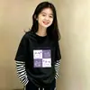 Camiseta de manga larga de algodón puro con retazos a rayas para niñas, versátil, para primavera y otoño, para niños mayores, estilo coreano, corte holgado, efecto dos piezas, moderna