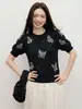 Camiseta de Punto Resistente con Adorno de Mariposas Bordadas con Cuentas para Mujer, Nuevo Diseño de Verano, Estilo Nicho, Hombro Normal, Top Delgado de Manga Corta