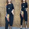 Conjunto Mãe Feminino Verão Manga Curta Camiseta Top Casual Calça Cropped Harlan tamanho plus size Conjunto de Duas Peças Feminino Algodão Linho Tencel