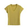 Camiseta Simples de Manga Curta com Decote V Justa para Meninas Quentes Feminina Verão 2024 Nova Camiseta com Bainha Irregular Mangas Raglan
