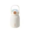 Taza aislada pequeña y robusta de acero inoxidable 316 con asa, tapa abatible, portátil, simple, vaso de agua con popote para el hogar