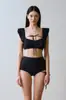 Traje de baño de una pieza para mujer 2026 Estilo Ins Coreano Retro Simple Hoja de Loto Borde Volador Cintura Alta Cubre Vientre Cordón Abertura