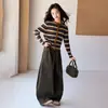 Conjunto de cárdigan a rayas para niña Otoño 2026 Nuevo estilo coreano de moda Conjunto de dos piezas de suéter y pantalones rectos para niña Primavera y Otoño