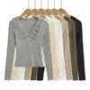 T408-26 Outono Estilo Coreano Slim Fit Franja Gola Grande Liso Uniboto Manga Longa Tricô Cardigã Casaco