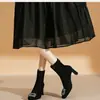 Botines de algodón para mujer, negros, forrados de felpa, de tacón alto, colección otoño/invierno 2026, elásticos, ajustados, con hebilla cuadrada de pedrería y tacón grueso, botines