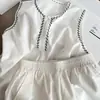 [En Stock] Pijama sin Mangas de Bloques de Color Sencillos Bordados Estilo Coreano para Mujer, Shorts Nuevos de Verano, Conjunto de Ropa para Casa para Usar como Exterior