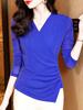 Camiseta de Malla con Cuello en V Cruzado para Mujer de Manga Larga Temporada Primavera Nueva Camisa de Seda Brillante con Elegante Encaje Interior Camiseta Top