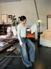 Jeans de pierna ancha color azul retro T-PLATFORM para mujer, colección otoño 2026, lavados de cintura alta, corte holgado, pantalones de largo hasta el suelo, 58036