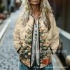 Sudadera de Algodón con Cuello Alto y Pliegues para Mujer 2025, Estampado Floral Retro, Rayas Otoño e Invierno, Botones, Sudadera para Mujer