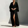Verano 2026 Nuevo Ropa Femenina Transfronteriza Europea y Americana Casual Vacaciones Color Sólido Cuello en V Vestido Largo Holgado Vestido con Abertura Alta
