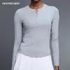 Top de yoga de manga larga con cuello Henry y media botonadura para mujer, corte ajustado, moldeador, ceñido, casual, para fitness, camiseta deportiva, Otoño D25146