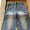 Jeans para Mujer de Pierna Ancha, Tiro Alto, Adelgazantes, de Corte Recto Holgado con Caída, Dobladillo Curvo, Bordado de Estrellas Colorido de Moda