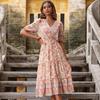 Bai Fen Zhi Yi Suministro Exclusivo Transfronterizo de Vestido Midi con Estampado Floral Rosa Fruncido Estilo Pastoral Europeo y Americano para Mujer