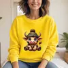 Sudadera de Cuello Redondo para Mujer, Talla Europea, Top Lindo con Estampado de Vaca de Dibujos Animados, Venta al por Mayor de Deseos de Amazon, Negro