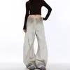 Jeans Scimitar Lavado Branco Pesado Retro Americano Tingimento Sujo Desconstruído Calças de Perna Larga Soltas Masculinas e Femininas Nova Tendência