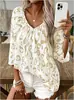 Roupas Femininas Transfronteiriças Europeias e Americanas Primavera e Verão 2024 Elegantes Tops para o Trabalho Estampa de Leopardo Cáqui Gola V Profunda Mangas Três Quartos Franzidas Camisa