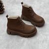 Botas de invierno nuevas de algodón y piel auténtica para mujer, estilo retro, con suela gruesa, hechas a mano, con punta redonda y suela de muffin, cálidas botas de algodón y piel de vaca de terciopelo