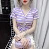 Playera de manga corta con cuello en V y cordón ajustable con rayas de arcoíris de Simon Lerner para mujer, verano, nueva, corte ajustado, combinable, top pequeño