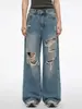 Jeans largo rasgado para mulheres, nova coleção primavera/outono, plus size, caimento solto, efeito emagrecedor, casual em A, calça reta fluida
