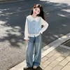Conjunto de Tres Piezas: Chaleco de Botones Colorido Estilo Coreano Dulce para Primavera y Otoño, Camisa Dulce y Linda con Cuello de Muñeca, Jeans de Moda