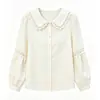 Blusa de gasa de manga larga con cuello de muñeca hecha a medida para otoño, camisa de gasa suelta con manga abullonada de encaje rasgado para mujer