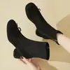 Botas Elásticas Estilo Coreano com Laço Emagrecedoras Primavera e Outono Novas Botas de Cano Curto com Salto Bloco Bico Redondo para Usar com Saias Botas de Cano Curto Estilo Ballet
