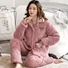 Pijama de coral fleece para mujer, invierno, engrosado, cálido, tres capas, acolchado, nuevo, forrado de polar, franela, traje para casa