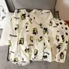 Nuevo conjunto de pijama de dos piezas para mujer estilo coreano de primavera y otoño, rayas blancas y negras vintage, cárdigan con cuello, manga larga, pantalón largo, conjunto casual para casa