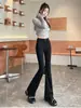 Calça Jeans Bootcut Cinza Fumê de Botão Duplo para Mulheres no Outono Cintura Alta Controladora de Barriga Elástica Nostálgica Justa em Forma de Ferradura Comprimento até o Chão