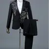 Conjunto de terno de performance para estúdio fotográfico, terno preto e branco com strass coloridos, traje formal para apresentador, roupa de palco masculina moderna para cantor