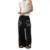 Calça de moletom estilo americano com patches estampados de letras de bolso, unissex, estilo minimalista, nicho, caimento relaxado, calça casual de perna reta