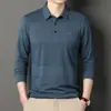 Camiseta Masculina de Manga Longa para Primavera e Outono com Gola de Lapela, Polo Listrada Casual, Estilo Pai com Bolsos Reais