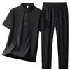 Conjunto de Dos Piezas para Hombre de Verano: Camisa Polo de Manga Corta Transpirable de Seda de Hielo y Pantalones Largos para Deportes y Ocio Juvenil, Transpirable de Seda de Hielo