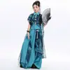 Nova Roupa de Performance Nacional Estilo Chinês para Meninas, Camisa Azul Estampada Bordada, Calça de Perna Larga, Traje de Performance de Dança
