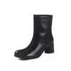 Botines Estrechos de Piel de Vaca con Punta de Mango Europeo Invierno 2026 Redondos Gruesos Tacón Medio Punta Cuadrada Versátiles para Viajar Botines de Piel Genuina para Mujer