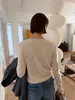 Camiseta base Shijian ACME gris de cuello redondo, corte ajustado, manga larga para mujer, otoño, mezcla de lana, elástica, suave, T-shirt 42500