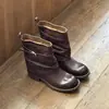Versión de piel ~ Botines de moda de punta redonda con hebilla, tacón grueso apilado, estilo británico nuevo, para mujer, versátiles, sin cordones