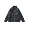 Jaqueta de Couro PU Estilo Motociclista High Street Americana para Homens, Casaco de Couro Piloto, Marca Tendência, Gola Alta Versátil, À Prova de Vento, Roupa de Fora Tamanho Grande