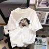Camiseta de manga curta feminina de algodão Marca da moda Internet Celebridade solta em torno do pescoço Branco na moda Impresso Top All-match Base Shirt
